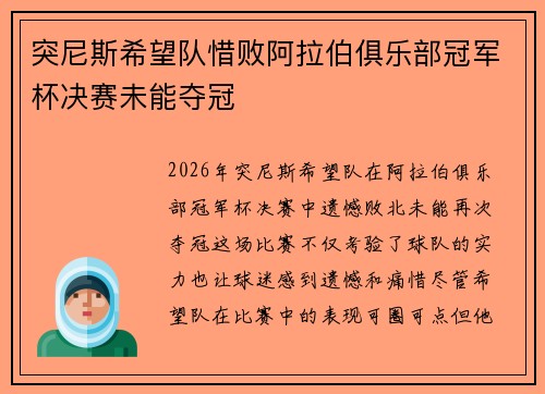 突尼斯希望队惜败阿拉伯俱乐部冠军杯决赛未能夺冠